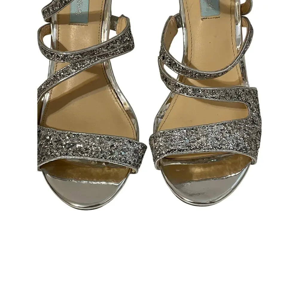 Blue by Betsey Johnson Izzy Women’s Silver Glitter Strappy Stiletto Sandals 8.5